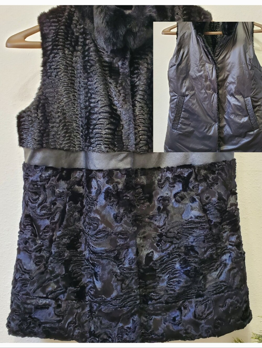 Via Spiga Reversible Vest Black Faux Fur  Astrakhan Mixed Texture